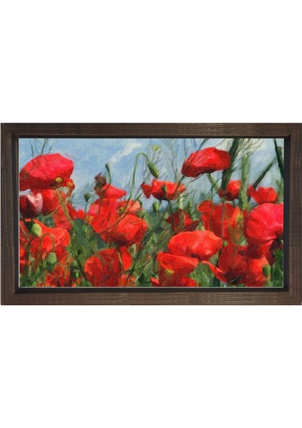 Kırmızı Gelincik Çiçekler Tablosu-Kahverengi Ahşap Çerçeve - 50 x 70
