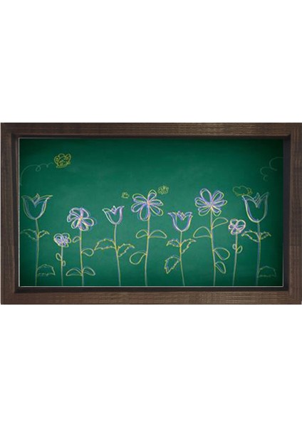 Çiçekli Okul Tahtası Tablosu-Kahverengi Ahşap Çerçeve - 50 x 70