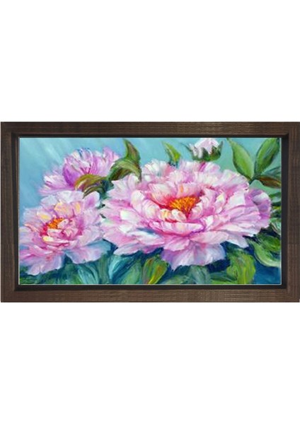 Pembe Mor Çiçekler Tablosu-Kahverengi Ahşap - 40 x 60