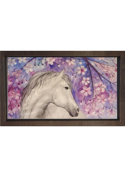 Çiçekli At ve Beyaz At Tablosu-Kahverengi Ahşap Çerçeve - 50X70