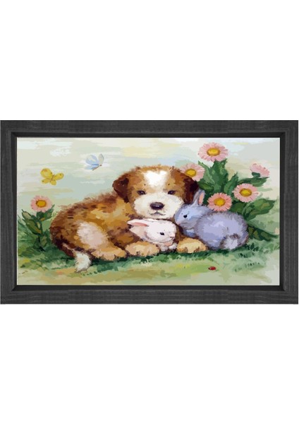 Sevimli Köpek ve Tavşancıklar Tablosu-Siyah Ahşap Çerçeve - 50 x 70