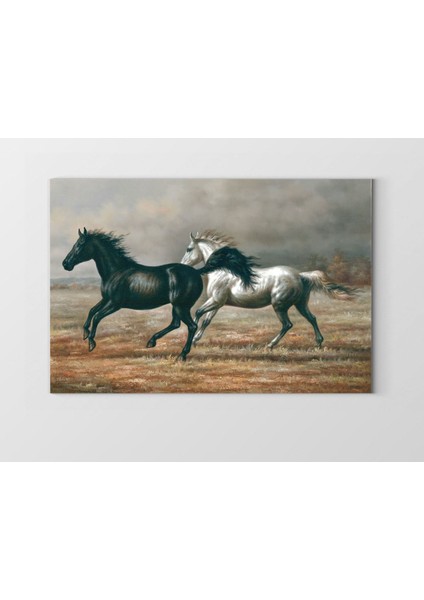 Siyah ve Beyaz At Tablosu-Çerçevesiz - 50 x 90