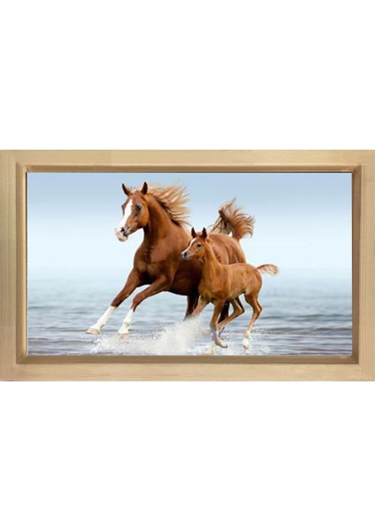 Denizde Koşan At ve Yavrusu Tablosu-Naturel Ahşap Çerçeve - 50 x 70