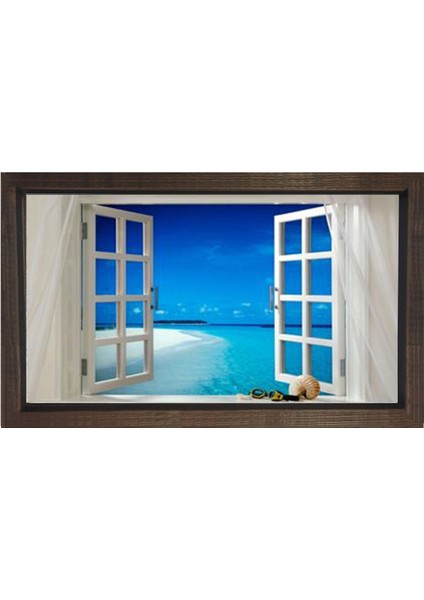 Denize Açılan Pencere Tablosu-Kahverengi Ahşap Çerçeve - 50 x 70