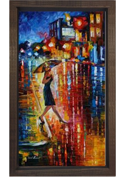 Yağmurlu Şehir Kadın Tablosu-Kahverengi Ahşap - 40 x 60