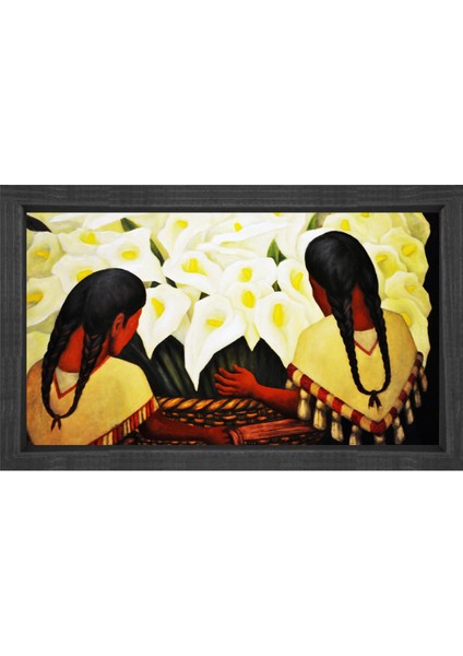 Çiçekçi Çoçuklar Tablosu-Siyah Ahşap Çerçeve - 60 x 60