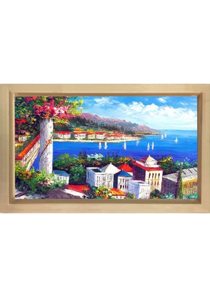 Deniz Manzarası ve Şehir Tablosu-Naturel Ahşap Çerçeve - 50 x 70