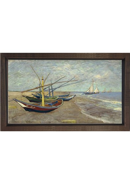 Kayıklar Sahilde Tablosu-Kahverengi Ahşap Çerçeve - 50 x 70