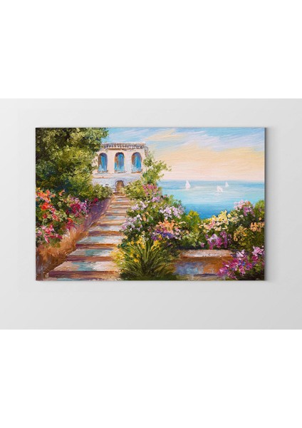 Yağlıboya Taş Ev ve Deniz Tablosu-Çerçevesiz - 50 x 90