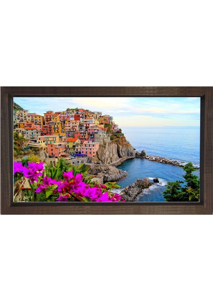 Renkli Evler ve Deniz Tablosu-Kahverengi Ahşap - 50 x 70