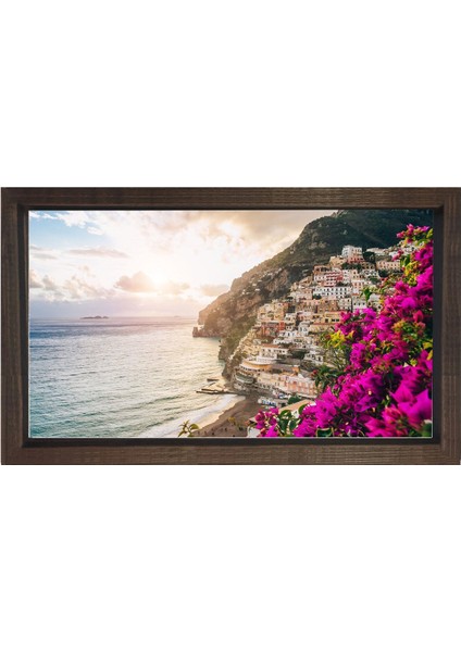 Sahil Kasabası ve Mor Çiçekler Tablosu-Kahverengi Ahşap Çerçeve - 50 x 70