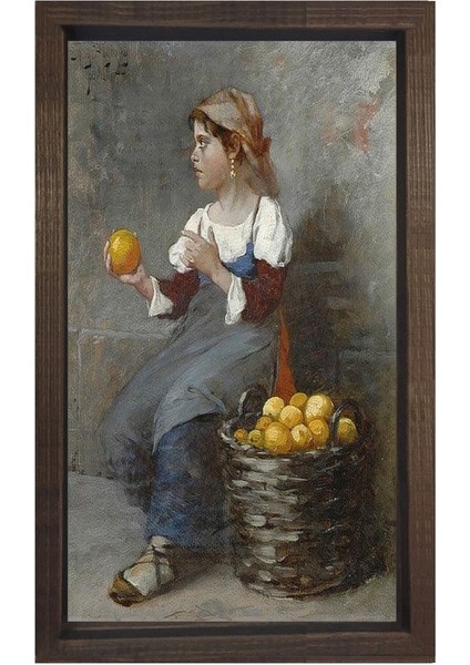 Köylü Kızı ve Meyve Sepeti Tablosu-Kahverengi Ahşap Çerçeve - 50 x 70