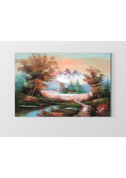 Köy Evi ve Dağ Manzarası Tablosu-Çerçevesiz - 50 x 90