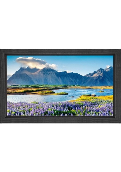 Çiçekli Göl ve Dağ Manzarası Tablosu-Siyah Ahşap - 100 x 200