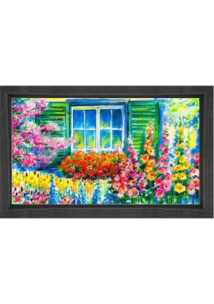 Çiçekli Pencere Tablosu-Siyah Ahşap Çerçeve - 50 x 70