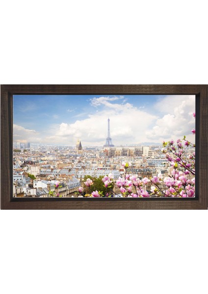 Eiffel Kulesi ve Çiçekler Tablosu-Kahverengi Ahşap Çerçeve - 50 x 70