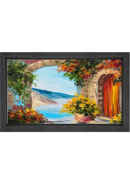 Çiçekli Manzara Yağlıboya Tablosu-Siyah Ahşap Çerçeve - 50 x 90