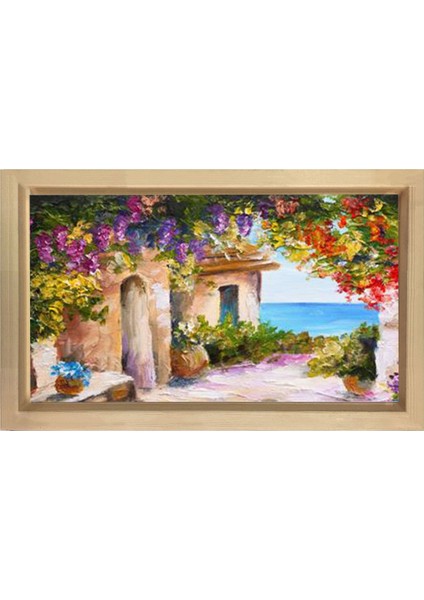 Çiçekli Manzara Yağlıboya Tablosu-Naturel Ahşap Çerçeve - 40 x 60