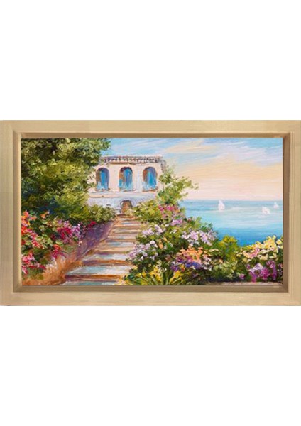 Çiçekli Manzara Yağlıboya Tablosu-Naturel Ahşap Çerçeve - 50 x 90