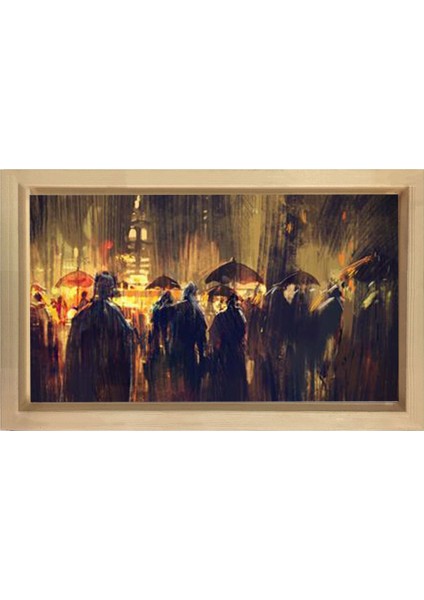 Yağmurlu Gece Insanlar Tablosu-Naturel Ahşap Çerçeve - 50 x 90