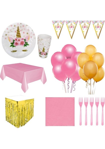 Unicorn Doğum Günü Parti Seti+Gold Metalize Masa Eteği 16 Kişilik