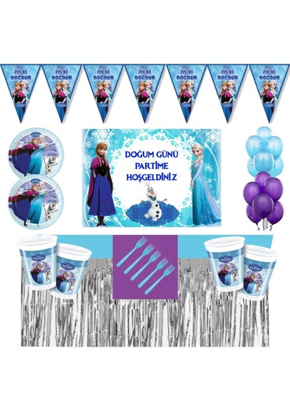 Frozen Elsa 16 Kişilik 50 x 70 cm Afişli Masa Etekli Doğum Günü Parti Seti