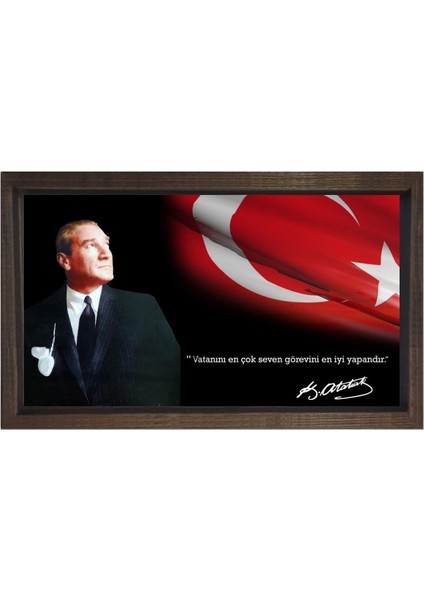 Atatürk ve Bayrak Tablosu-Kahverengi Ahşap Çerçeve - 50 x 90 cm