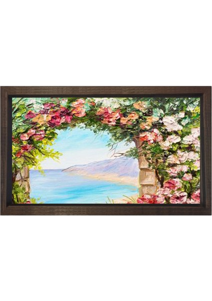 Pembe Çiçekler ve Deniz Tablosu-Kahverengi Ahşap - 45 x 30 cm