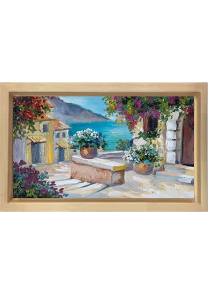 Çiçekli Balkon ve Deniz Tablosu-Naturel Ahşap - 45 x 30 cm