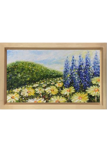 Papatyalar Çiçek Manzara Tablosu-Naturel Ahşap Çerçeve - 70 x 100 cm