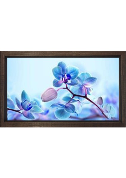 Mavi Menekşe Çiçekler Tablosu-Kahverengi Ahşap - 45 x 30 cm