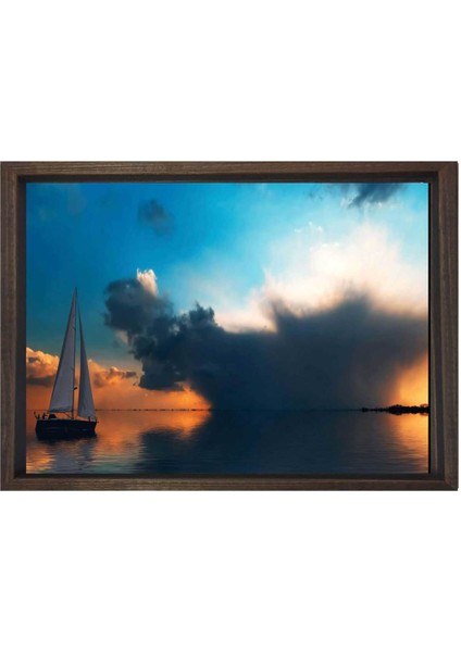 Gökyüzü Gemi Tablosu-Kahverengi Ahşap Çerçeve - 50 x 90 cm