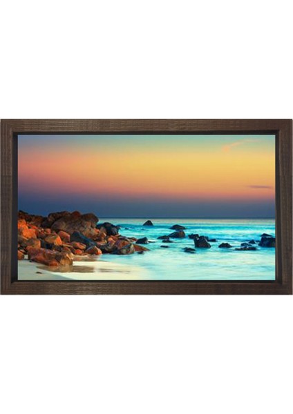 Güneş Batımı ve Berrak Deniz Tablosu-Kahverengi Ahşap - 45 x 30 cm