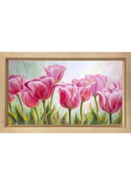 Pembe Gül Çiçekleri Tablosu-Naturel Ahşap - 40 x 60 cm