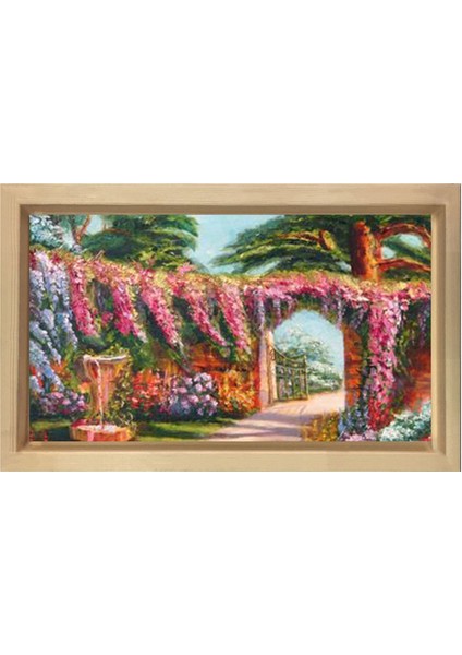 Pembe Çiçekli Kapı Yolu Tablosu-Naturel Ahşap - 45 x 30 cm