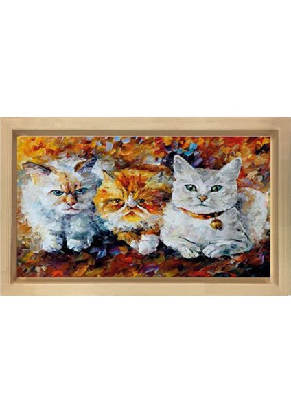 Kediler Yağlı Boya Tablosu-Naturel Ahşap - 45 x 30 cm