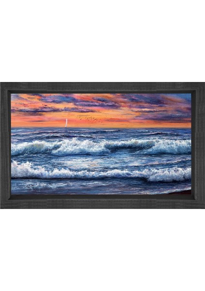 Deniz ve Gökyüzü Yağlıboya Tablosu-Siyah Ahşap - 45 x 30 cm