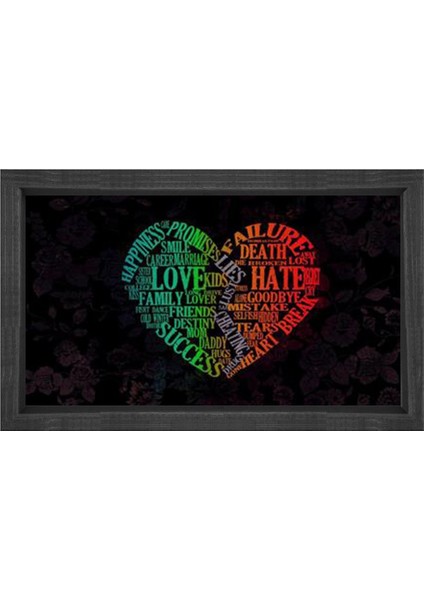 Love ve Hate Yazılı Kalp Silueti Tablosu-Siyah Ahşap - 45 x 30 cm