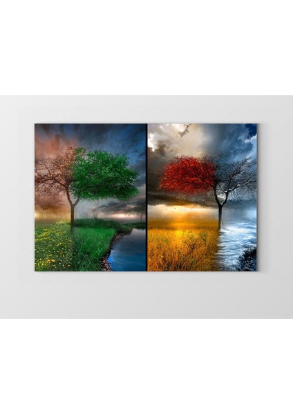 Dört Mevsim Ağacı Tablosu-Çerçevesiz - 45 x 30 cm