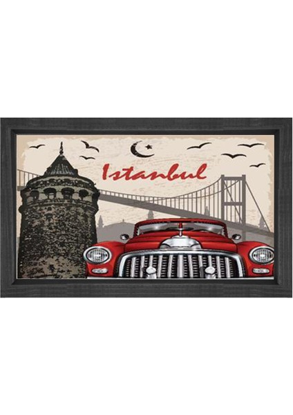 Istanbul ve Kırmızı Klasik Araba Tablosu-Siyah Ahşap - 45 x 30 cm