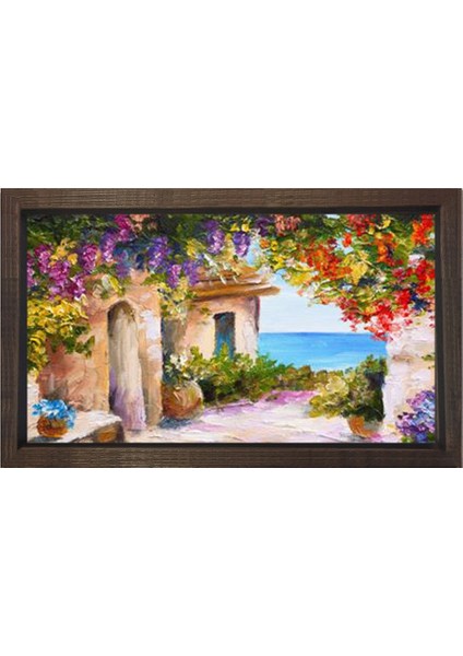 Çiçekli Ev Manzarası Tablosu-Kahverengi Ahşap - 50 x 70 cm