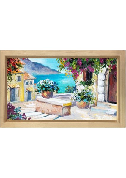 Çiçekler ve Deniz Tablosu-Naturel Ahşap - 45 x 30 cm