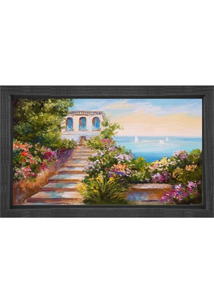 Çiçekli Deniz Evi Tablosu-Siyah Ahşap - 45 x 30 cm