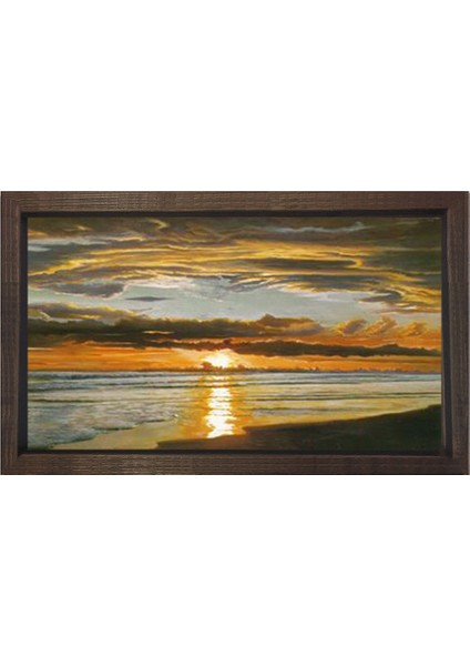 Gün Batımı Denizi Tablosu-Kahverengi Ahşap - 45 x 30 cm