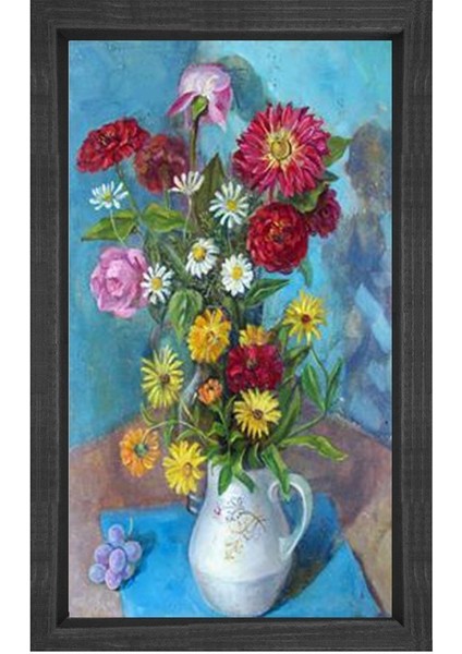 Renkli Çiçekler Tablosu-Kahverengi Ahşap - 45 x 30 cm