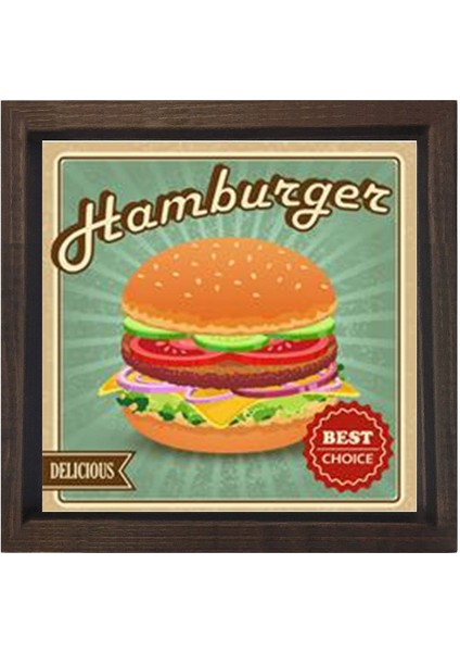 Hamburgerler Reklam Afişi Tablosu-Kahverengi Ahşap Çerçeve - 30X30