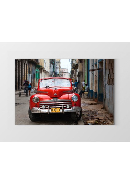 Şehir ve Klasik Kırmızı Araba Tablosu-Çerçevesiz - 45 x 30 cm
