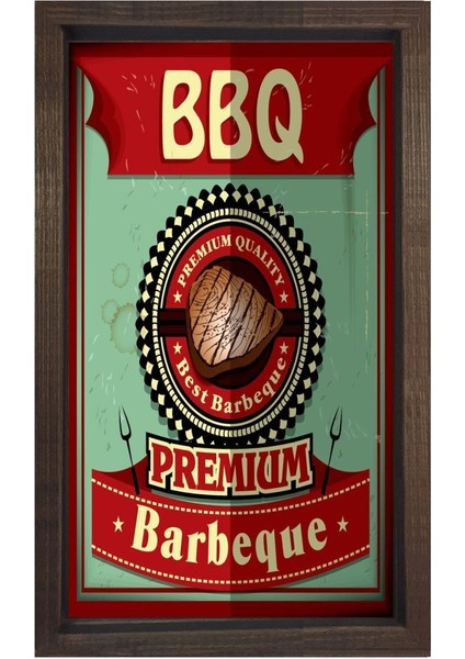 Barbekü Vintage Afiş Tablosu-Kahverengi Ahşap - 45 x 30 cm