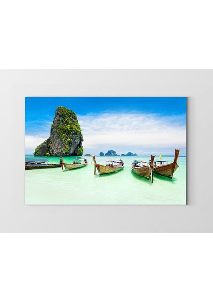 Tropikal Deniz ve Kayıklar Tablosu-Çerçevesiz - 45 x 30 cm