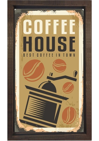 Coffee House Reklam Afiş Tablosu-Kahverengi Ahşap - 45 x 30 cm